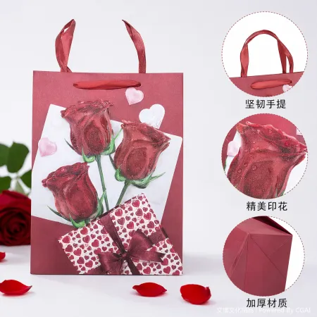 The red gift bag is paired with a red and white checkered butterfly companion gift box. The bag body is printed with three red rose heart-shaped patterns The red gift bag is paired with a red and white checkered butterfly companion gift box. The bag body is printed with three red rose heart-shaped patterns